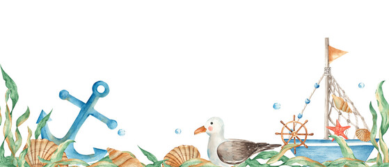Horizontal watercolor sea, marine seamless border pattern. Ship, boat, seagull, seaweeds, seashells, nautical anchor and water bubbles. Hand drawn illustration. Can be used for fabric, packaging © Tatiana