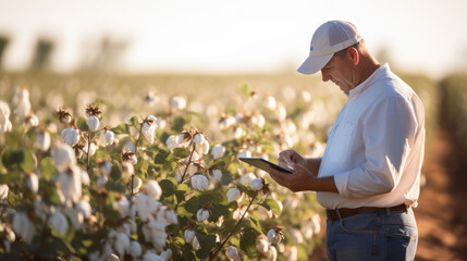 Man farmer in hat walking the field of cotton and using tablet computer. Agricultural concept.