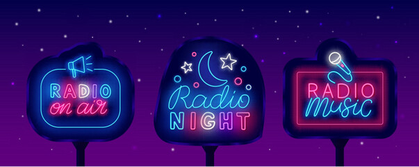 Radio music neon street billboards collection. Glowing outdoor advertisings. Live on air. Vector stock illustration