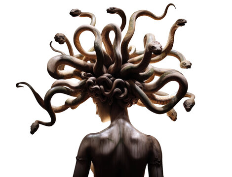 Back view of Medusa with her snake hair head. Rear view. Stone statue. Greek goddess medusa, Stheno, Euryale, gorgon. 