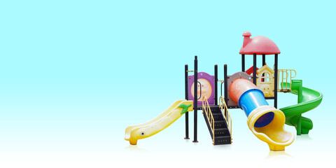 side view slide toys made from colorful plastic. and steel frame pillars on gradient blue and white background, play, object, funny, children, copy space