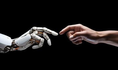 A white AI robot's hand touching a human hand, symbolizing future living, human-machine interaction, and collaboration between humans and machines.
