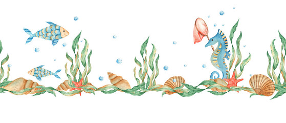 Fototapeta na wymiar Horizontal watercolor sea, marine seamless border pattern. Cute fishes, seahorse, red starfish, orange net, seaweeds, seashells and water bubbles. Hand drawn illustration. Can be used for fabric