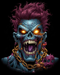 Zombie with chain on black background. Vector illustration