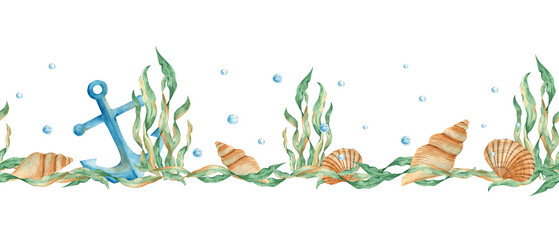 Horizontal watercolor sea, marine seamless border pattern. Nautical anchor, seaweeds, seashells and water bubbles. Hand drawn illustration. Can be used for fabric, packaging prints, frames, adhesive