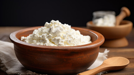 Farmer's cottage cheese in a traditional clay bowl on a dark wooden background.