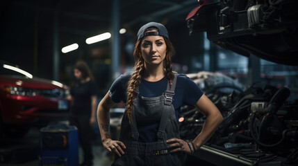Fototapeta na wymiar Portrait of a female mechanic in a car service against the backdrop of cars.
