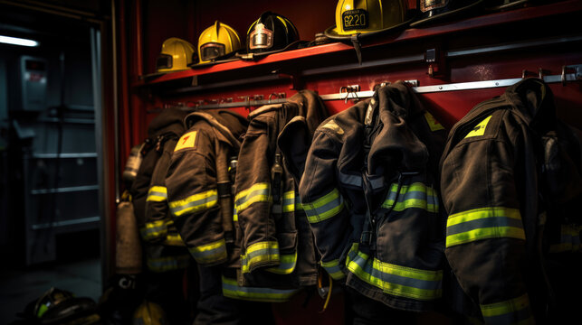Firefighters gear hangs on hooks