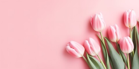 The pink tulips in the photo are on a light pink background. generative AI