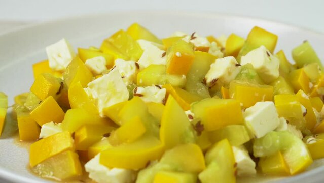 A dietary dish made from zucchini and feta cheese. Close-up. Side view. Keto diet.