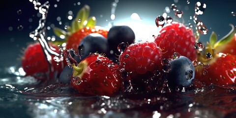Obraz na płótnie Canvas Berries falling into the water photographed from close range. Generative AI