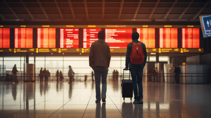 Two friends in airport looking to flight timetable - obrazy, fototapety, plakaty