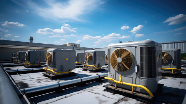 Air Conditioning (HVAC) Installed On The Roof Of Industrial Buildings.