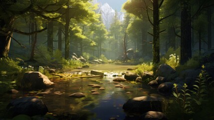 Depict a game art scene of a secluded forest, with serene lakes, and dappled sunlight