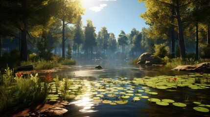 Fototapeta na wymiar Depict a game art scene of a secluded forest, with serene lakes, and dappled sunlight