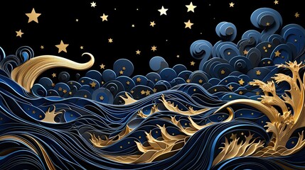 Choppy seas beneath the stars. AI-generated illustration of beautiful waves and gold stars in the night sky. MidJourney.
