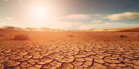 dry soil in the desert, Cracked and dried soil texture, Drought land with sun light, GENERATIVE AI
