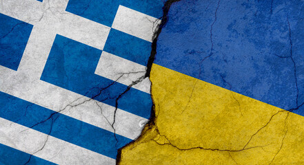 Greece and Ukraine flags, concrete wall texture with cracks, grunge background, military conflict concept