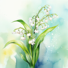 Fototapeta na wymiar Lily of the valley on an elegant, fresh watercolor background, vivid and colorful illustration.