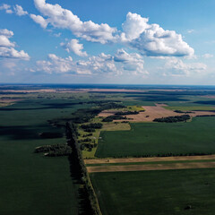 Fototapeta na wymiar Beautiful agricultural landscape, open field with blue sky and white clouds. Farmfields from a bird's eye view.