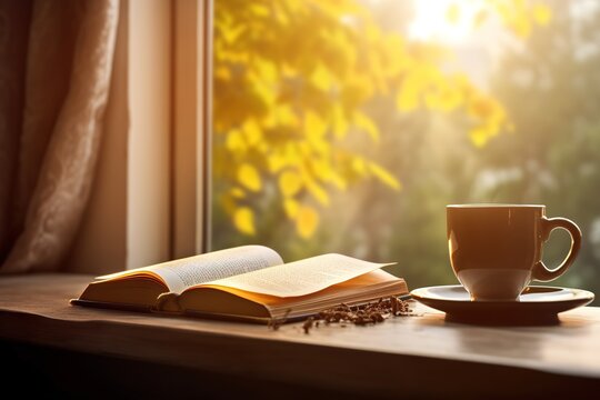 photo of a book near the window accompanied by a cup of warm drink. generative AI