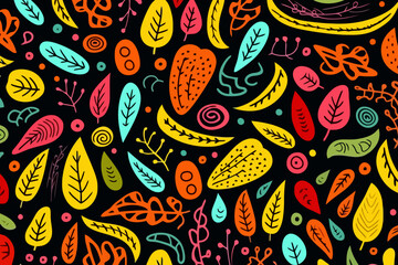 Nature elements quirky doodle pattern, wallpaper, background, cartoon, vector, whimsical Illustration