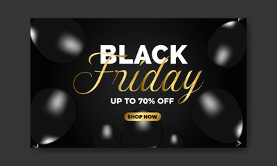 Black Friday Sale Poster with Shiny Balloons on Black Background with Square Frame. Shopping, sale banner, black friday Vector illustration.