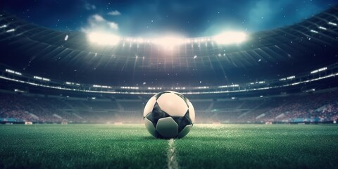 photo of the ball in a football stadium under the spotlight. Generative AI