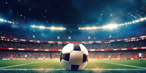 photo of the ball in a football stadium under the spotlight. Generative AI - obrazy, fototapety, plakaty