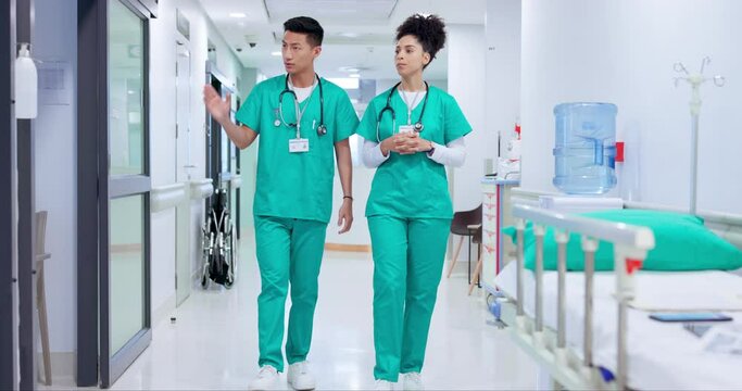 Doctors, nurses and teamwork or walking in hospital for planning, patient healthcare and workflow management. Professional people or surgeon in clinic survey, student training or internship advice