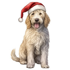 Goldendoole, with santa hat, watercolor illustration, isolated on white transparent background