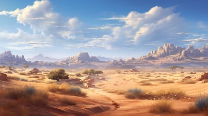 Open world landscape art in a desert landscape, with shifting dunes, desert flora, and the allure...