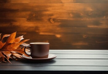 With a softly blurred autumn background, a coffee cup is nestled among autumn leaves on a wooden table.