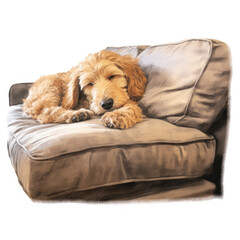 Goldendoole sleeping on a couch, watercolor illustration, isolated on white transparent background