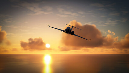 Luxury private jet flying and ascending at sunset - obrazy, fototapety, plakaty