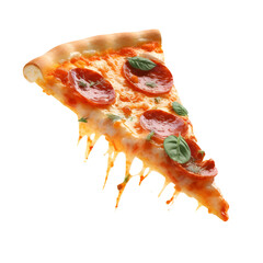 hot pizza slice with dripping melted cheese, Template with delicious tasty, Slice of pepperoni pizza flying. isolated on transparent background. generated AI