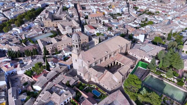 Baeza Cathedral. Guadalimar Greenway. Aerial view from a drone. Via Verdes de Jaen. Baeza. Province of Jaen. Andalusia. Spain. Europe