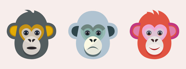 Set of colorful monkey face illustrations