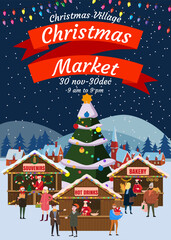 Fototapeta na wymiar Christmas market poster. Xmas fair card with decorated Christmas tree