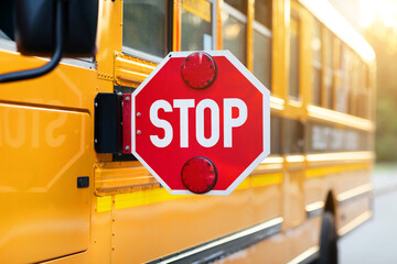 Closeup shot of extended red stop sign on yellow school bus