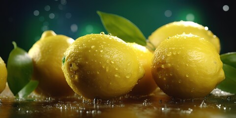 close-up photo of a collection of lemons with a splash of fresh, clear water. Generative AI