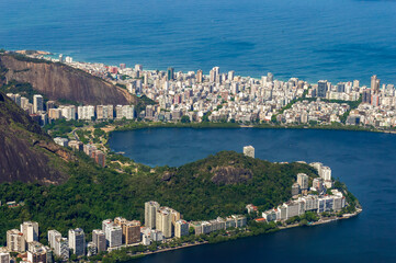 Detail of Roi de Janeiro city landscape seen from the Corcovado mountain. Leblon and Ipanema districts and the Lagoa rodrigo de Freitas