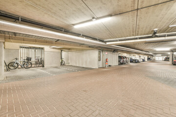 an underground parking area with bikes parked in the garages on either side of each other cars and one car