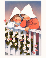 Two children on a balcony with flower