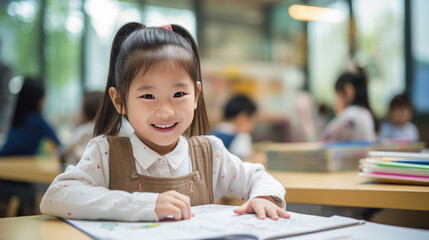 Little preschooler sits at a desk in the background of a classroom