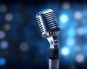 Fototapeta na wymiar microphone with blurred background on blue wall, vintage microphone on stage with lamp lighting, in uhd image style, bokeh panorama. Generative AI