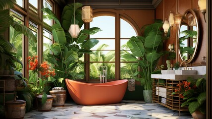 A bathroom with tropical-inspired decor and plants