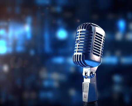 microphone with blurred background on blue wall, vintage microphone on stage with lamp lighting, in uhd image style, bokeh panorama. Generative AI