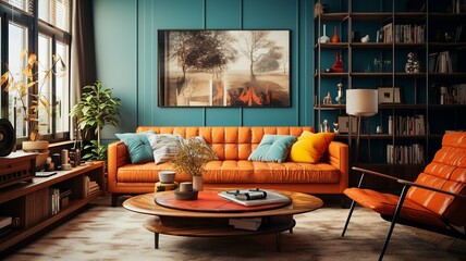 A living room with vintage and retro design elements