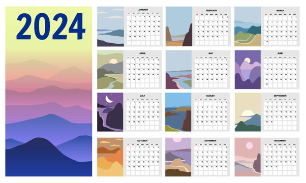 2024 Wall Calendar planner set of 12 minimalistic abstract landscape natural backgrounds